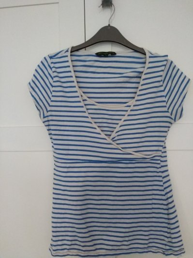 M/12 - pale blue and white striped cross over bf top
