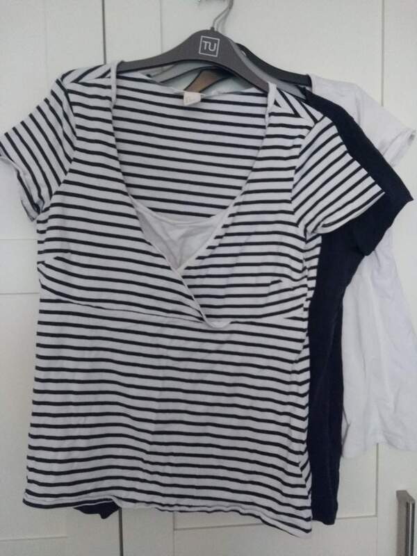 12 L short sleeved bf cross front tops stripey dark blue and white